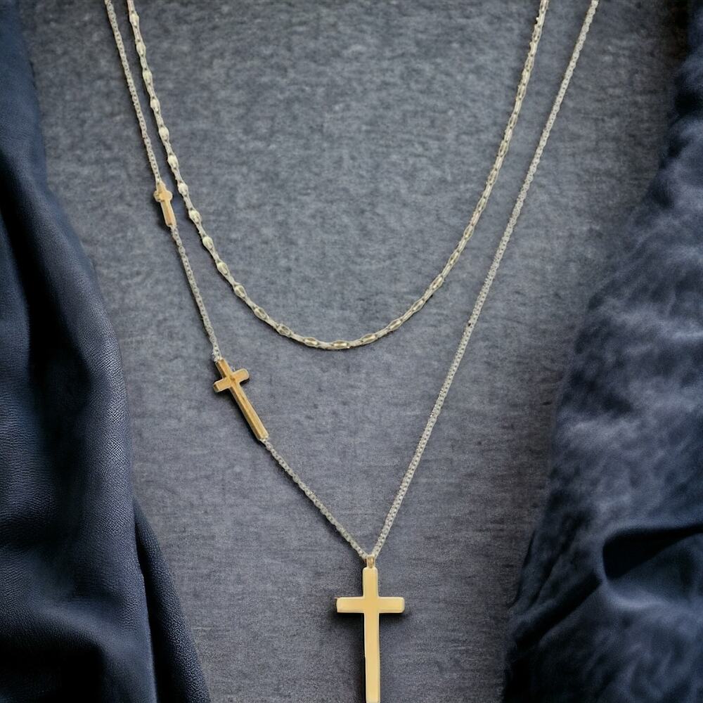18K yellow gold plated triple cross double layer necklace jewelry B20